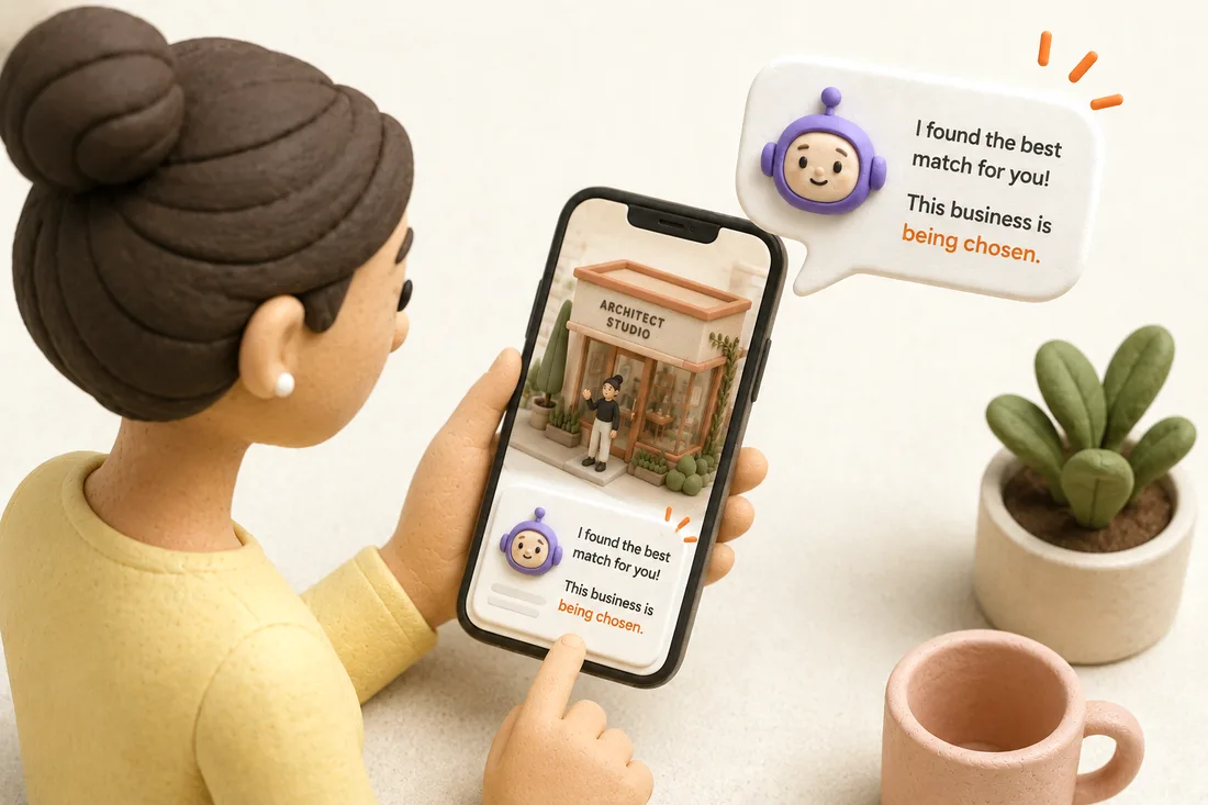 A buyer's phone showing an AI assistant choosing a business